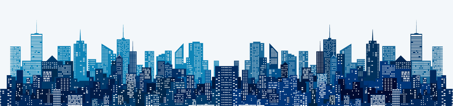 Ilustración vectorial estilizada de una silueta de skyline urbano en tonos azules sobre fondo claro